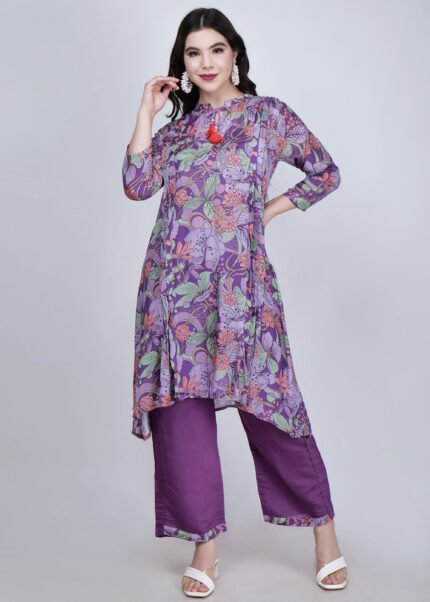 Roman co-ord set round Chinese collar with palazzo pants