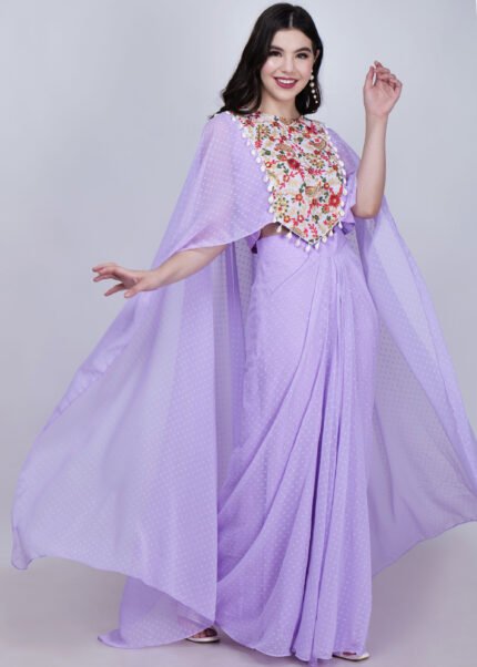 Aria short cape with stitched saree dress