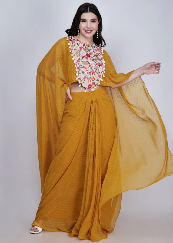 Aria short cape with stitched saree dress