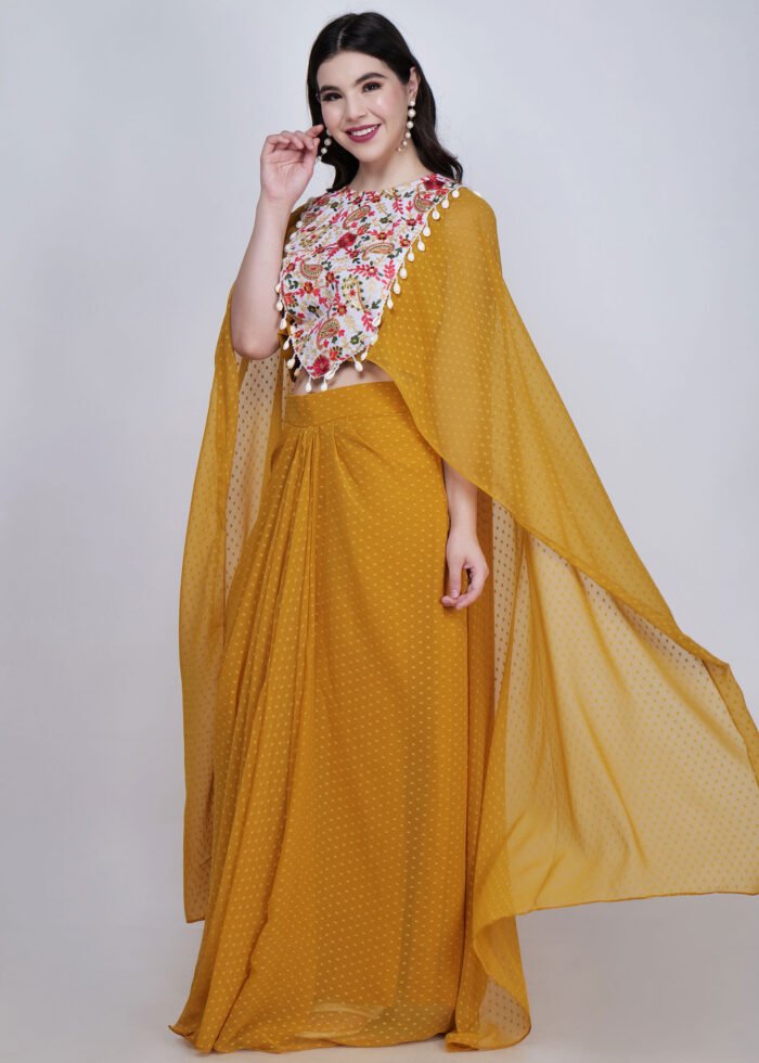 Aria short cape with stitched saree dress