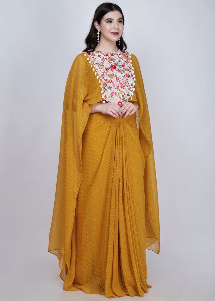 Aria short cape with stitched saree dress