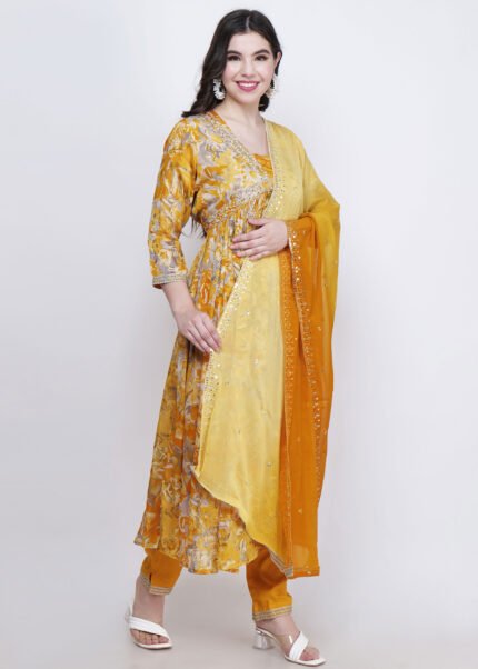 Kashish anarkali style suite with pant, embroiderd dupatta