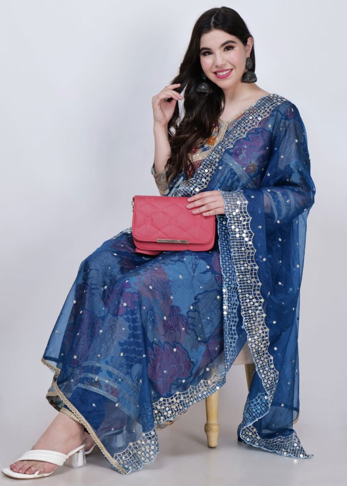 Kaiynat anarkali suit with pants and dupatta mirror embroiderd