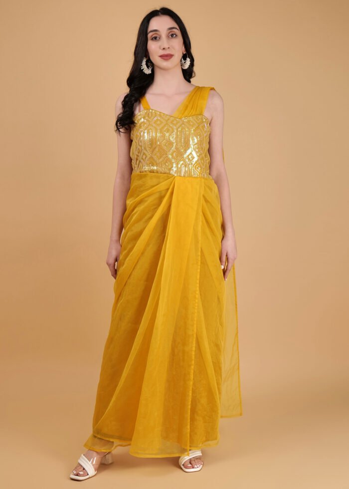 Aizel stitched saree dress organza silk one shoulder dress